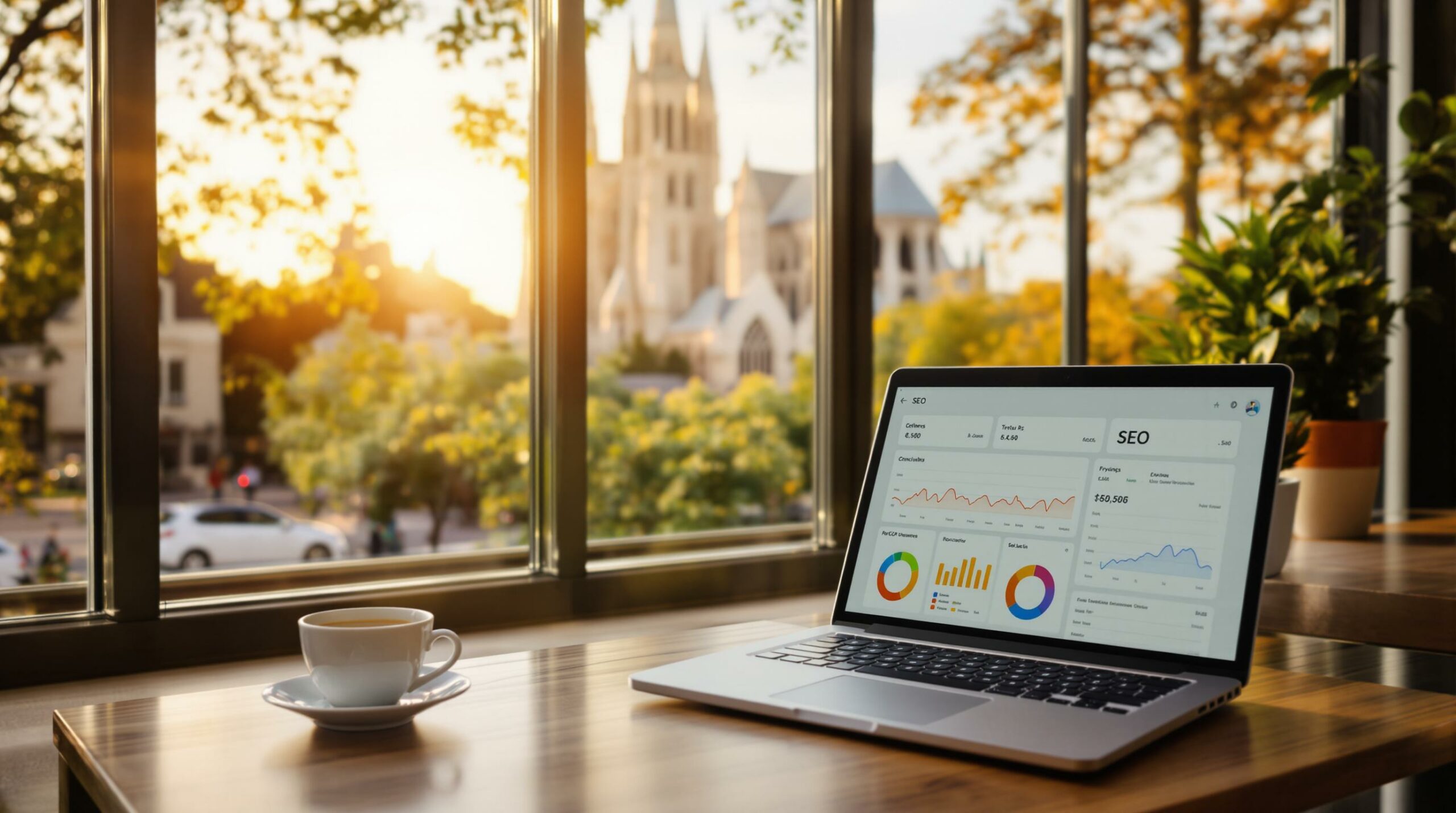 Freelance SEO dans son bureau à Reims Freelance au bureau avec vue sur la cathedrale de Reims