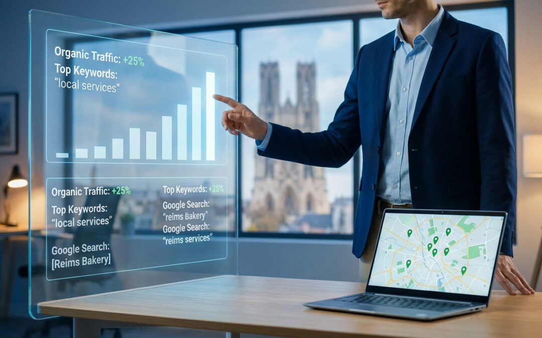 Un homme analyse des données SEO (trafic, mots-clés "local services", "reims bakery") sur un écran holographique, avec vue sur Reims et un PC portable montrant une carte.