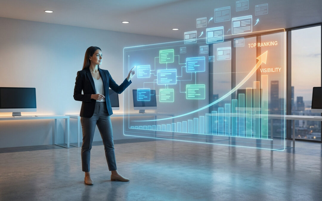 Une femme analyse un écran holographique affichant la structure de pages web et l'impact sur le classement et la visibilité SEO.