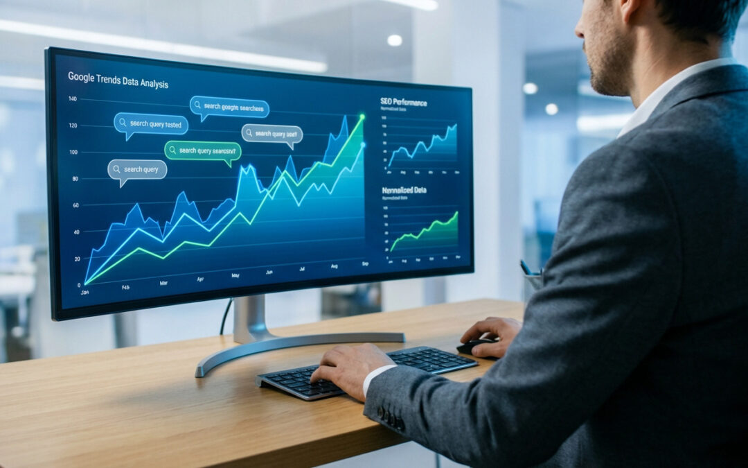 Un homme analyse des données Google Trends et des graphiques de performance SEO sur un moniteur d'ordinateur, travaillant à son bureau.