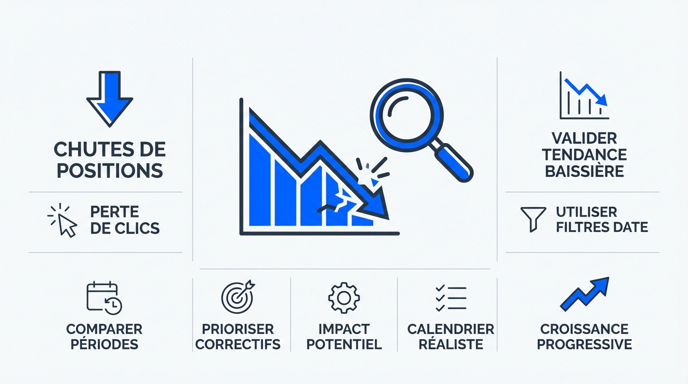 Graphique d'analyse des chutes de trafic et des positions SEO dans Google Search Console