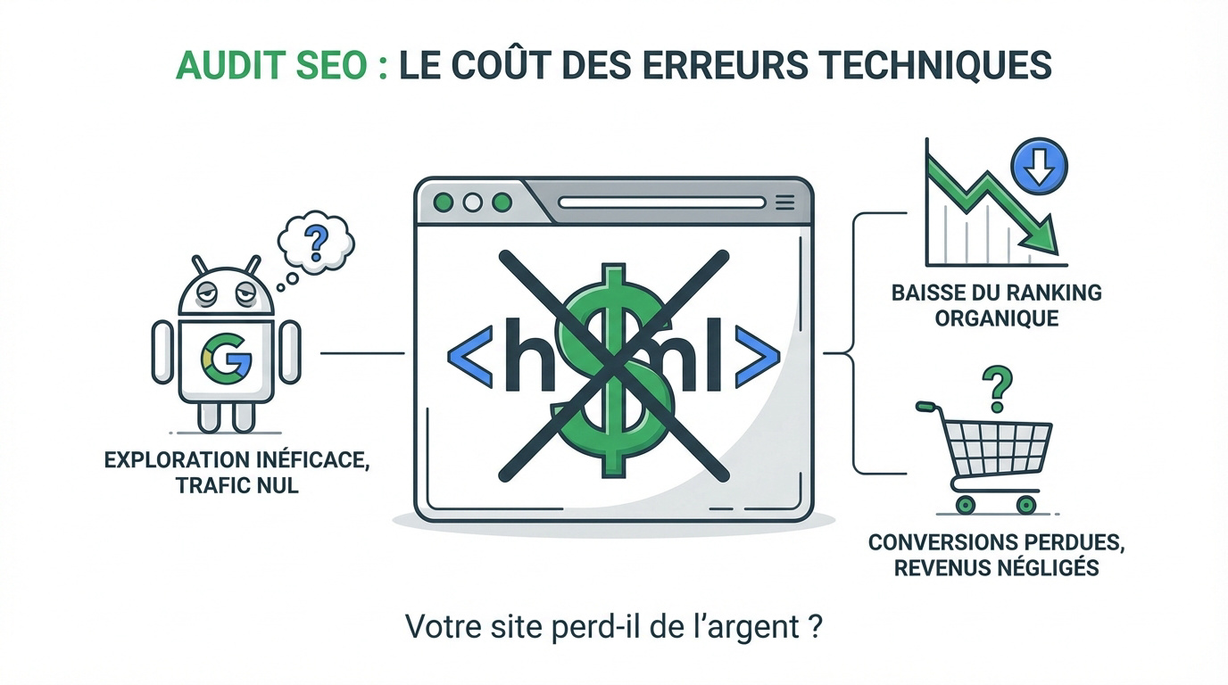 Graphique illustrant l'impact financier des erreurs techniques SEO sur la rentabilité