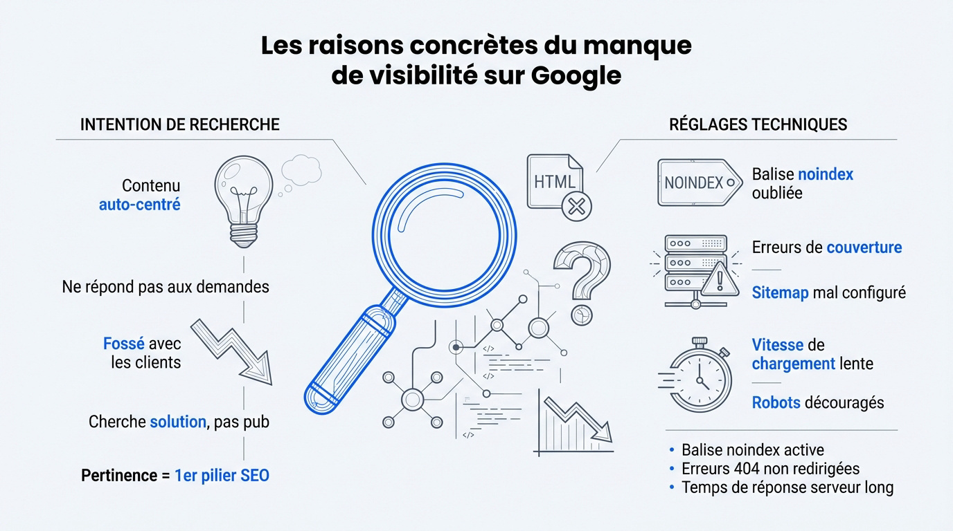 Graphique illustrant les causes techniques et sémantiques du manque de visibilité sur Google