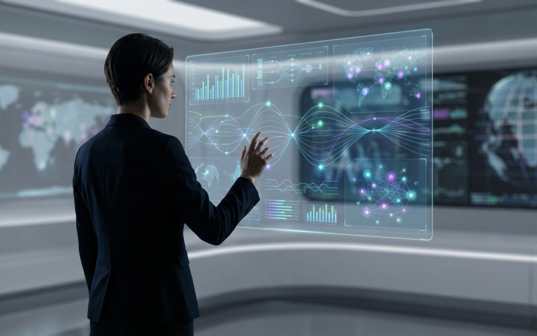 Femme d'affaires interagit avec un écran holographique affichant des graphiques, cartes mondiales et données pour SEO/GEO.