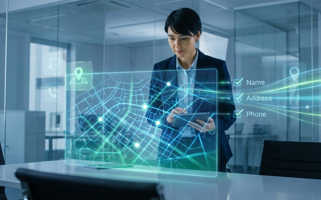 Une femme en costume interagit avec un écran holographique. Elle vérifie les informations NAP (Nom, Adresse, Téléphone) sur une carte numérique pour le SEO local.