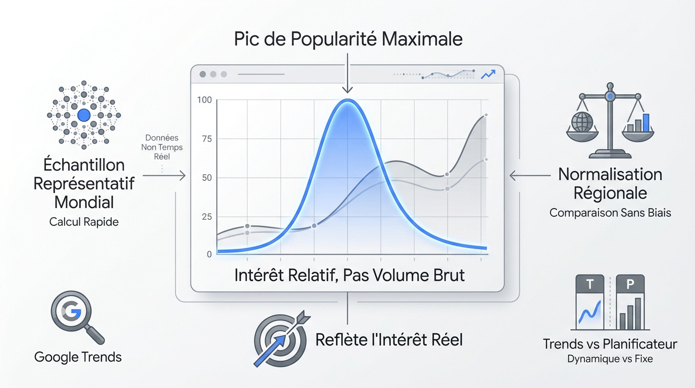 Graphique d'analyse des tendances sur Google Trends montrant la normalisation des données