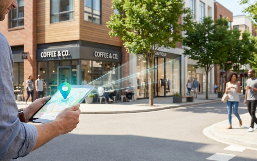 Homme avec tablette affichant carte et marqueur de position. Des lignes bleues connectent aux commerces locaux. Scène de rue animée.