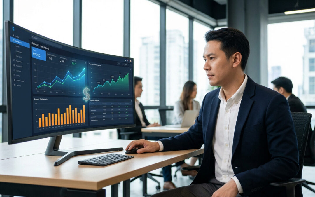 Homme en costume analysant un tableau de bord SEO sur écran incurvé. Graphiques de performance et signe dollar visibles dans un bureau moderne.
