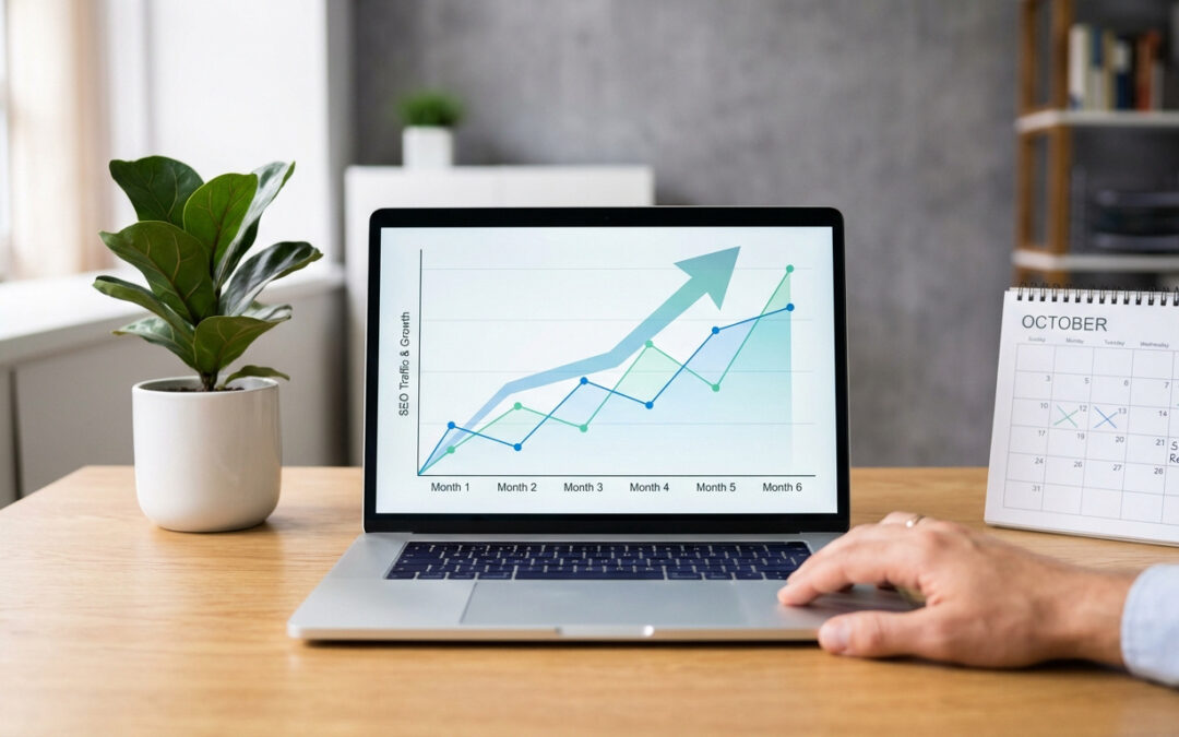 Un ordinateur portable sur un bureau affichant un graphique de croissance du trafic SEO sur 6 mois, un calendrier d'octobre et une plante.
