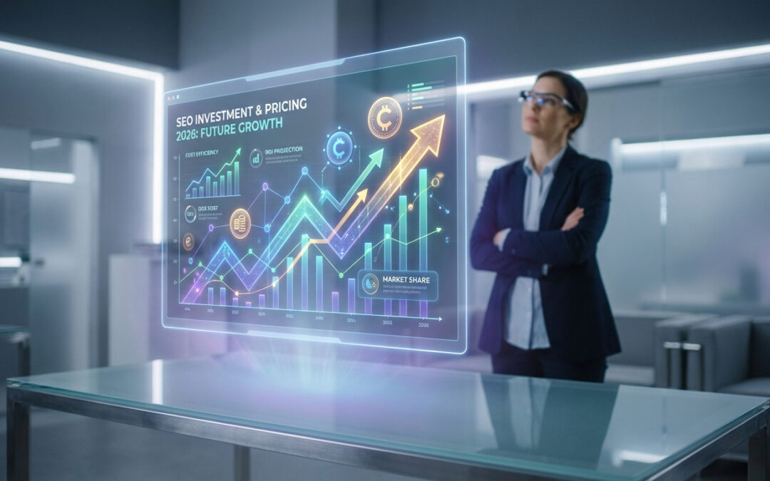 Femme d'affaires face à un graphique holographique sur l'investissement et le prix du SEO en 2026, montrant la croissance.
