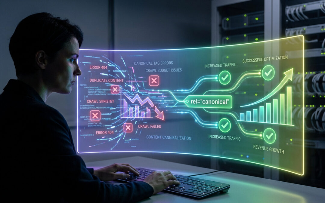 Femme analysant un écran holographique SEO: erreurs (404, duplication) et solution (balise canonique) pour trafic et revenus.