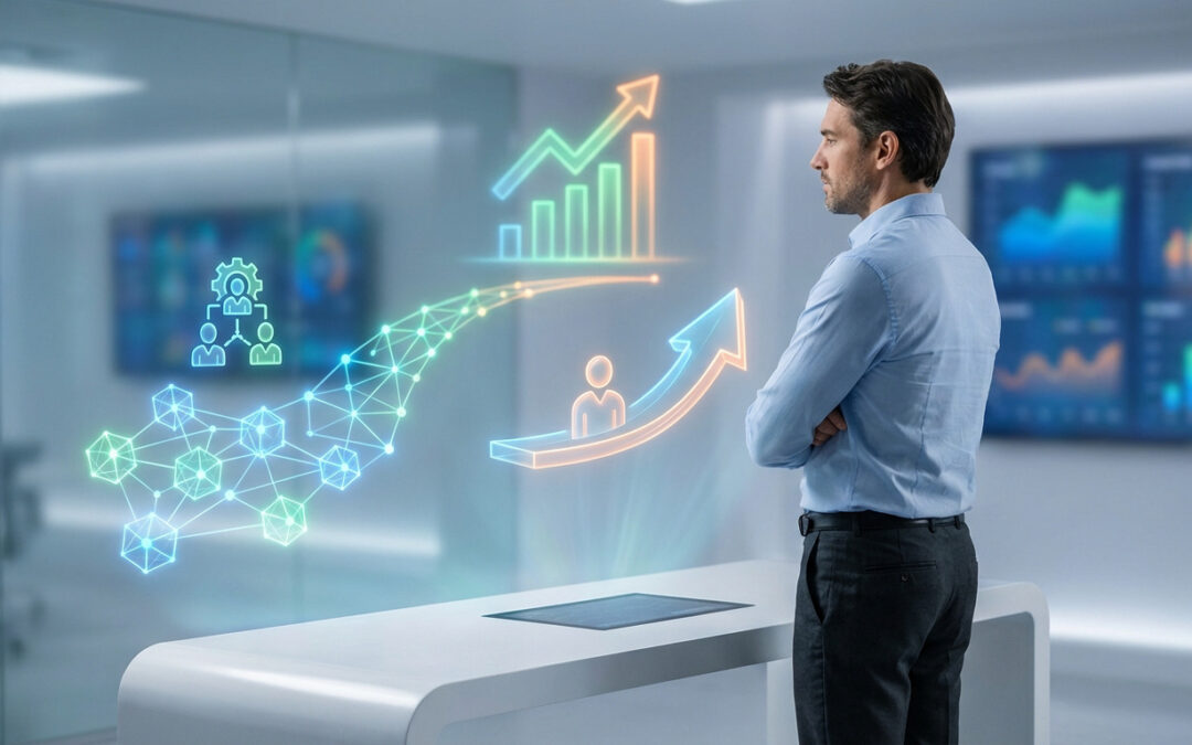 Homme regardant des hologrammes de données SEO : graphiques de croissance, réseau, équipe. Scènes floues d'écrans d'analyse en arrière-plan.