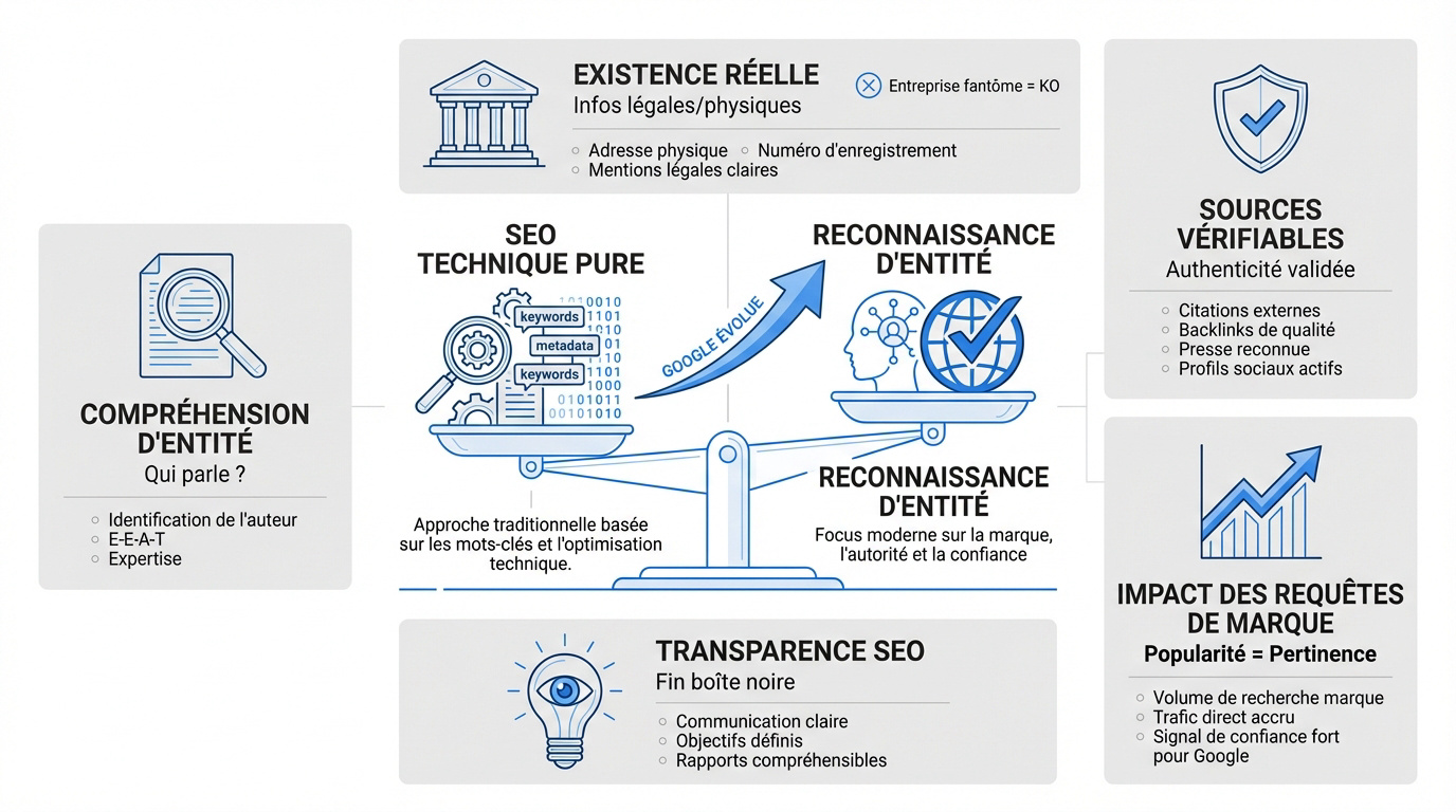 Schéma montrant l'évolution du SEO de la technique pure vers la notion d'entité nommée