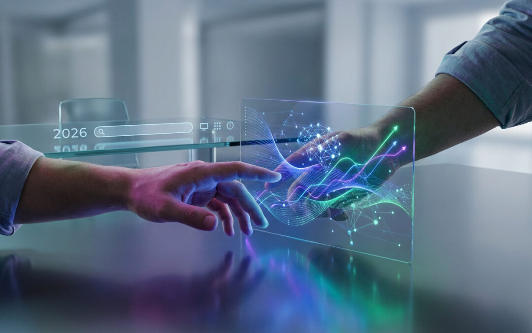 Deux mains interagissent avec des interfaces holographiques: "2026", recherche, données, croissance. Symbolise l'IA et le SEO.