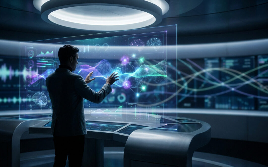 Homme en costume interagissant avec un écran holographique futuriste affichant des données complexes pour l'optimisation de la visibilité.