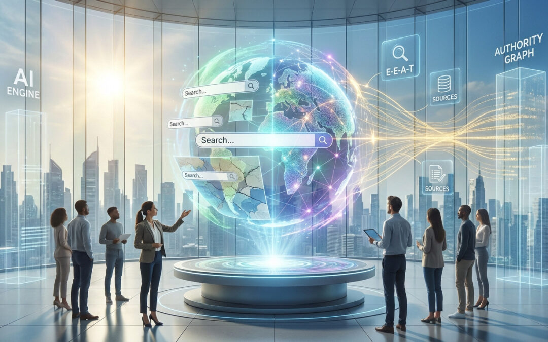 Professionnels devant un globe holographique affichant recherche mondiale, IA, E-E-A-T, et Authority Graph dans un bureau high-tech.