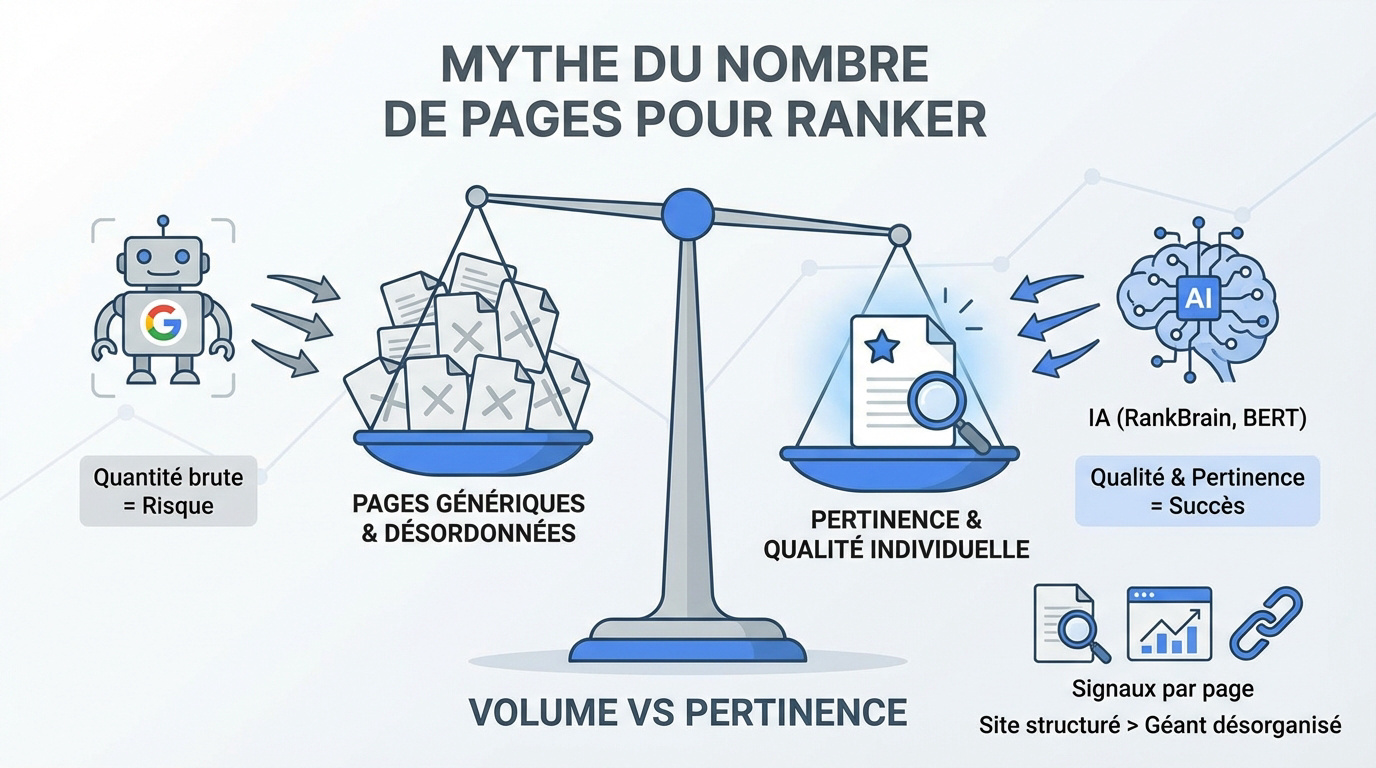 Illustration du mythe de la quantité de pages en SEO