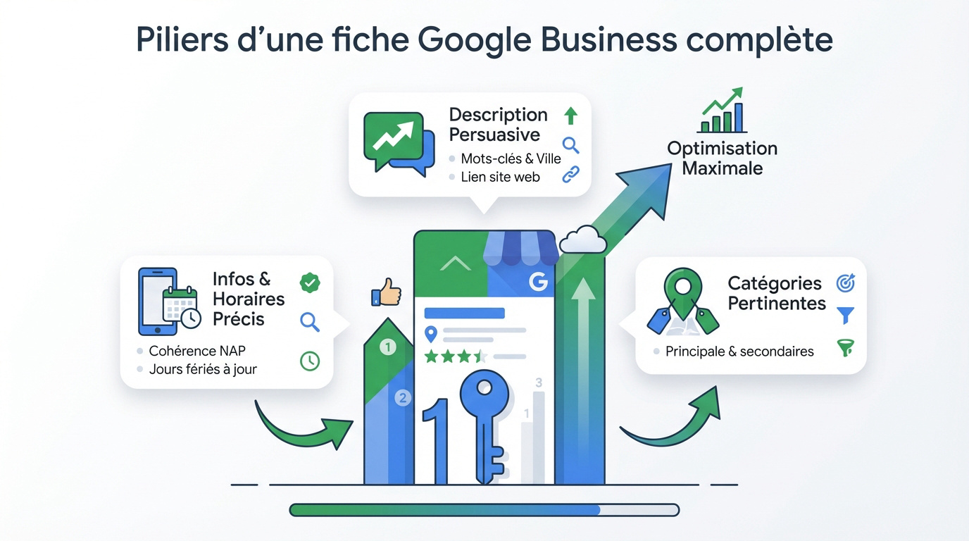 Infographie montrant les piliers d'optimisation d'une fiche Google Business Profile pour le SEO local
