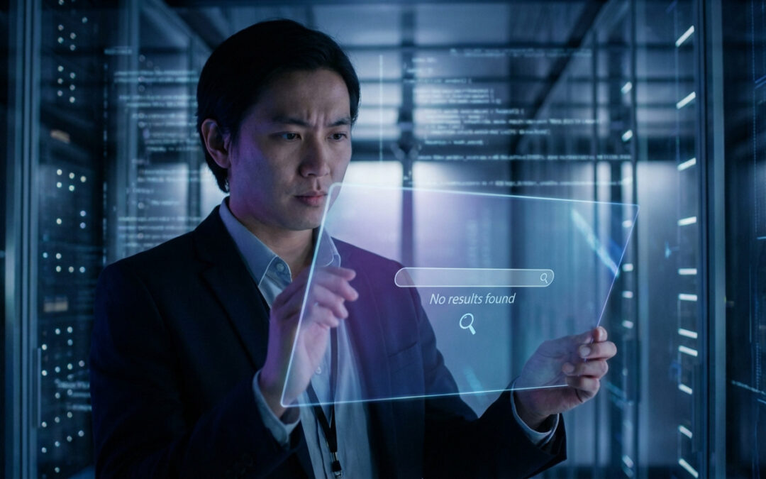 Un homme d'affaires regarde un écran holographique affichant "No results found" dans un centre de données futuriste.