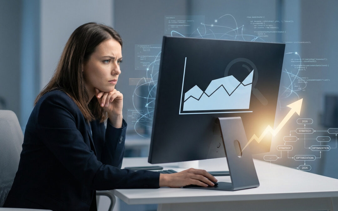 Femme au bureau, l'air pensive, analysant un graphique de croissance et des données sur un écran d'ordinateur avec une flèche de succès et une stratégie 2026.