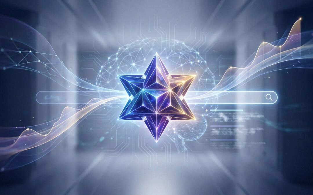 Étoile géométrique lumineuse au centre d'un réseau numérique, avec barre de recherche, IA et graphiques de croissance pour le SEO branding.