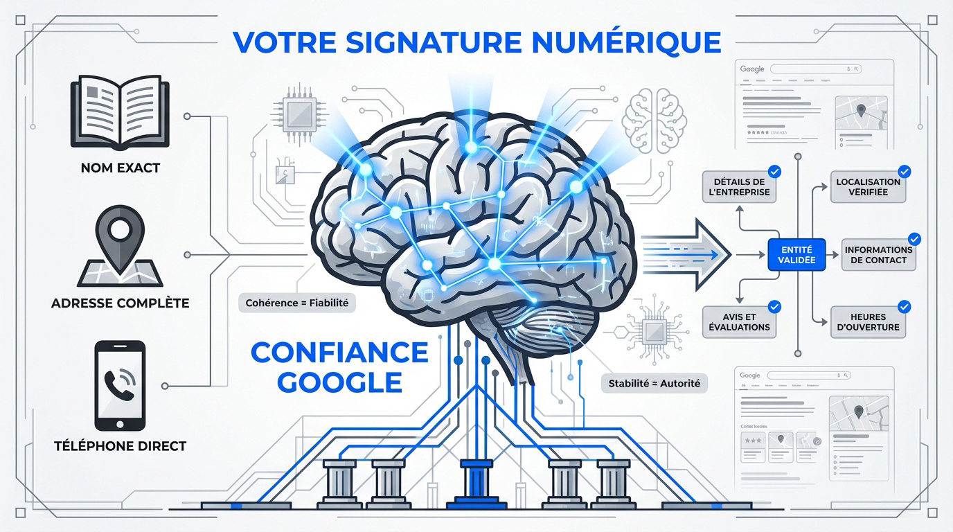 Illustration de la cohérence NAP pour le référencement local et la confiance de Google