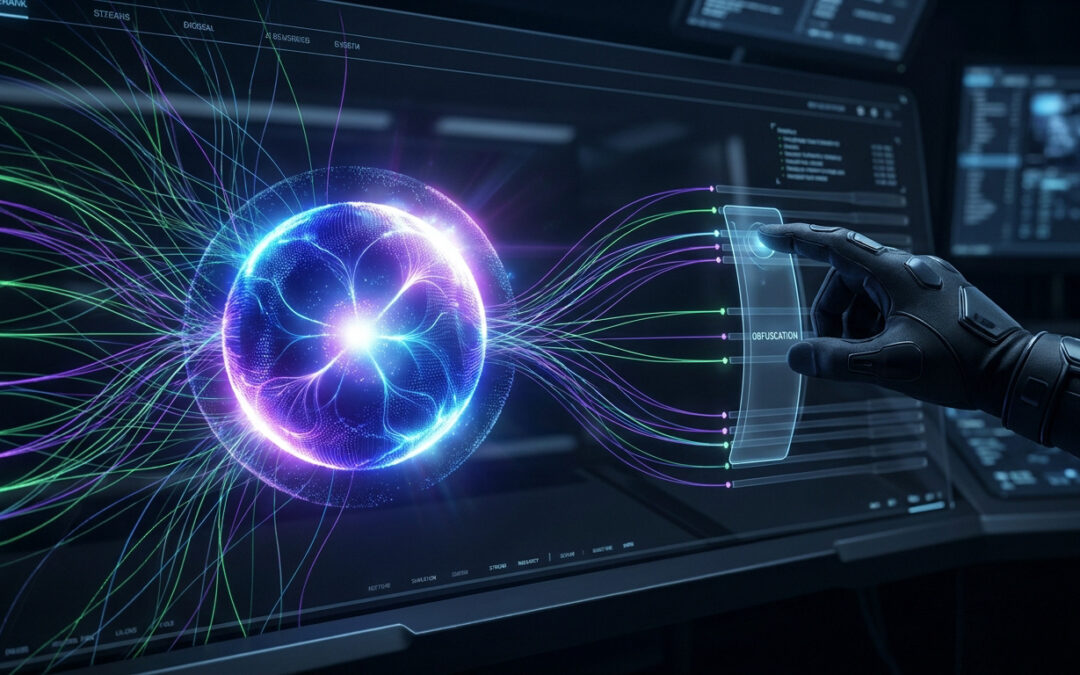 Main gantée interagissant avec un écran futuriste. Une sphère lumineuse émet des flux de données vers un panneau "OBFUSCATION".