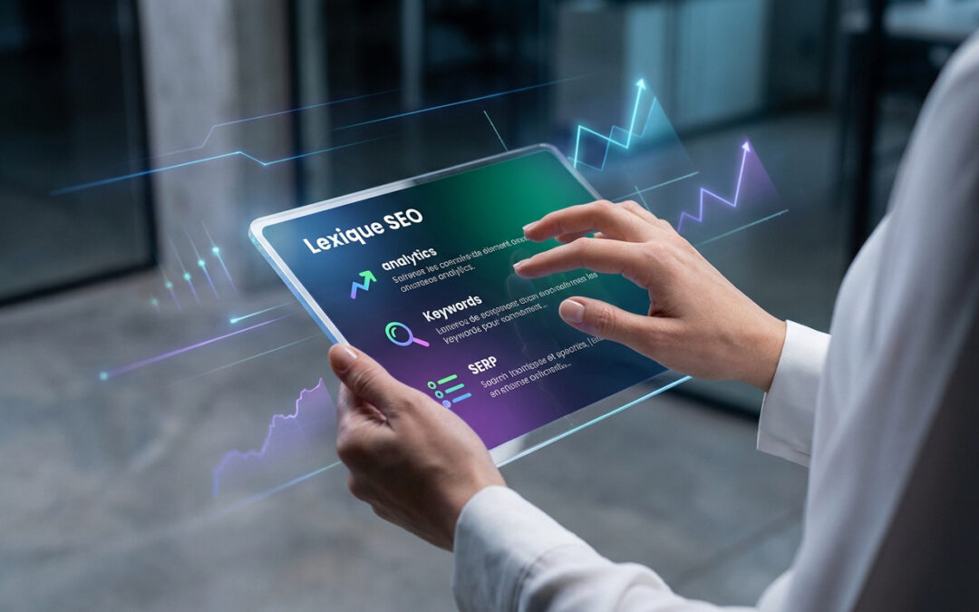 Personne utilisant une tablette transparente avec un lexique SEO (analytics, mots-clés, SERP) et des graphiques de données de croissance.
