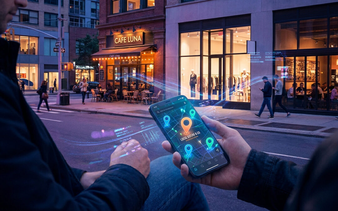 Main tenant un smartphone avec carte affichant des commerces locaux. Scène de rue animée, lumières et données numériques.